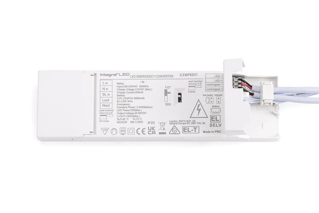 Integral ILEMPK021 Quick Fit Emergency Conversion Kit Manual/Self Test Switchable With Prewired Male-Female Quick Connectors 2.5W 20-90Vdc LiFePO4 3Hr with Remote LED Indicator