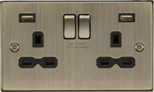 Knightsbridge CS9224AB Square Edge 13A 2G Switch Socket +2xUSB 2.4A - Antique Brass + Black Insert - westbasedirect.com