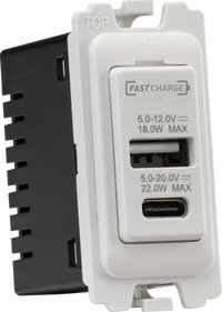 Knightsbridge CUGMUSB White Curved Edge Dual USB A+C Module 20V DC 1.1A [22W FASTCHARGE]