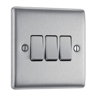 BG NBS43 Nexus Metal 20A 16AX 2 Way Triple Light Switch - Brushed Steel