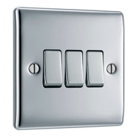 BG NPC43 Nexus Metal 20A 16AX 2 Way Triple Light Switch - Polished Chrome