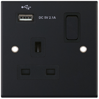Selectric DSL11-60 5M 1 Gang 13A Switched Socket Outlet with 1x USB Type-A (2.1A) - Matt Black, Black Insert