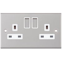Selectric DSL122 5M 2 Gang 13A Switched DP Socket Outlet with 2 Earth Terminals - Satin Chrome, White Insert