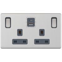 Selectric 5MPLUS-186 5M-PLUS Screwless 2 Gang 13A Switched SP Socket Outlet (Outboard Rockers) + 2 Earth Terminal with 1x USB Type-A (2.4A) & 1x USB Type-C (3A) - Satin Chrome, Grey Insert