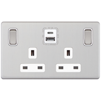 Selectric 5MPLUS-786 5M-PLUS Screwless 2 Gang 13A Switched SP Socket Outlet (Outboard Rockers) + 2 Earth Terminal with 1x USB Type-A (2.4A) & 1x USB Type-C (3A) - Satin Chrome, White Insert