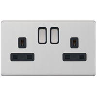 Selectric 5MPLUS-222 5M-PLUS Screwless 2 Gang 13A Switched DP Socket Outlet with 2 Earth Terminals - Satin Chrome, Black Insert