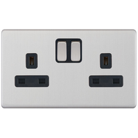 Selectric 5MPLUS-251 5M-PLUS Screwless 2 Gang 13A Switched SP Socket Outlet - Satin Chrome, Black Insert