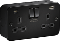 Knightsbridge MR9940TB Metalclad 13A 2G SP Switched Socket with Dual USB A+C - Textured Sand Black Finish