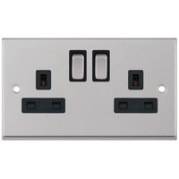 Selectric 7MPRO-222 7M-PRO 2 Gang 13A Switched DP Socket Outlet with 2 Earth Terminals - Satin Chrome, Black Insert