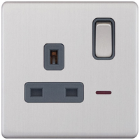 Selectric 5MPLUS-123 5M-PLUS Screwless 1 Gang 13A Switched DP Socket Outlet with Neon - Satin Chrome, Grey Insert