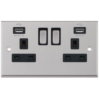 Selectric 7MPRO-261 7M-PRO 2 Gang 13A Switched Socket Outlet with 2x USB Type-A (2.1A/1A) - Satin Chrome, Black Insert