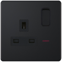 Selectric 5MPLUS-823 5M-PLUS Screwless 1 Gang 13A Switched DP Socket Outlet with Neon - Matt Black, Black Insert