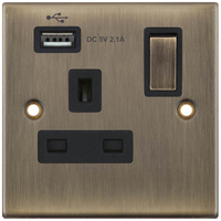 Selectric DSL660 5M 1 Gang 13A Switched Socket Outlet with 1x USB Type-A (2.1A) - Antique Brass, Black Insert
