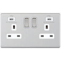 Selectric 5MPLUS-768 5M-PLUS Screwless 2 Gang 13A Switched Socket Outlet with 2x USB Type-C (3A) - Satin Chrome, White Insert