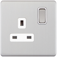 Selectric 5MPLUS-721 5M-PLUS Screwless 1 Gang 13A Switched DP Socket Outlet - Satin Chrome, White Insert