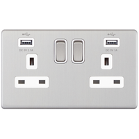 Selectric 5MPLUS-761 5M-PLUS Screwless 2 Gang 13A Switched Socket Outlet with 2x USB Type-A (2.1A/1A) - Satin Chrome, White Insert