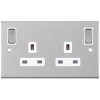 Selectric DSL185 5M 2 Gang 13A Switched DP Socket Outlet with Outboard Rockers & 2 Earth Terminals - Satin Chrome, White Insert