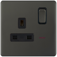Selectric 5MPLUS-12-23 5M-PLUS Screwless 1 Gang 13A Switched DP Socket Outlet with Neon - Dark Bronze, Black Insert