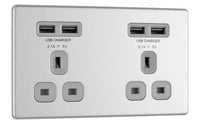 BG FBS24U44G Flatplate Screwless Double Socket + 4x USB - Grey Insert - Brushed Steel