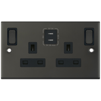 Selectric DSL12-68 5M 2 Gang 13A Switched SP Socket Outlet (Outboard Rockers) + 2 Earth Terminal with 2x USB Type-C (3A) - Dark Bronze, Black Insert