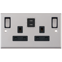Selectric 7MPRO-268 7M-PRO 2 Gang 13A Switched Socket Outlet with 2x USB Type-C (3A) - Satin Chrome, Black Insert
