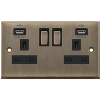 Selectric 7MPRO-661 7M-PRO 2 Gang 13A Switched Socket Outlet with 2x USB Type-A (2.1A/1A) - Antique Brass, Black Insert