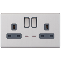 Selectric 5MPLUS-124 5M-PLUS Screwless 2 Gang 13A Switched DP Socket Outlet with Neon - Satin Chrome, Grey Insert