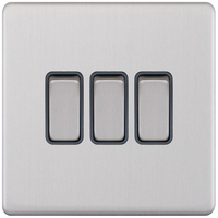 Selectric 5MPLUS-103 5M-PLUS Screwless 3 Gang 2 Way 10AX Plate Switch - Satin Chrome, Grey Insert