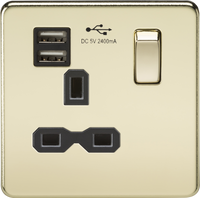 Knightsbridge SFR9124PB Screwless 13A 1G Switch Socket + 2xUSB 2.4A - Polished Brass + Black Insert