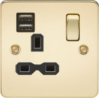 Knightsbridge FPR9124PB Flat Plate 13A 1G Switch Socket + 2xUSB 2.4A - Polished Brass + White Insert