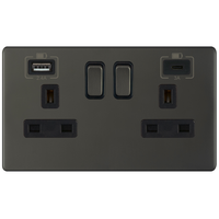 Selectric 5MPLUS-12-63 5M-PLUS Screwless 2 Gang 13A Switched Socket Outlet with 1x USB Type-A (2.4A) & 1x USB Type-C (3A) - Dark Bronze, Black Insert