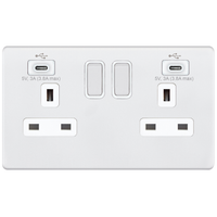 Selectric 5MPLUS-968 5M-PLUS Screwless 2 Gang 13A Switched Socket Outlet with 2x USB Type-C (3A) - Matt White, White Insert