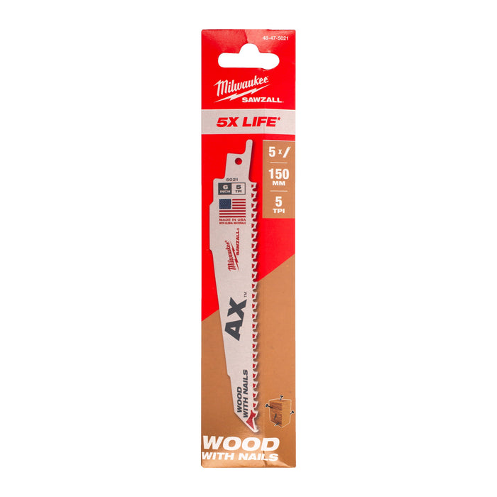 Milwaukee 48475021 SAWZALL 150mm 5TPi Wood with Nails Heavy Duty Demolition Saw Blade - Pack of 5 - westbasedirect.com
