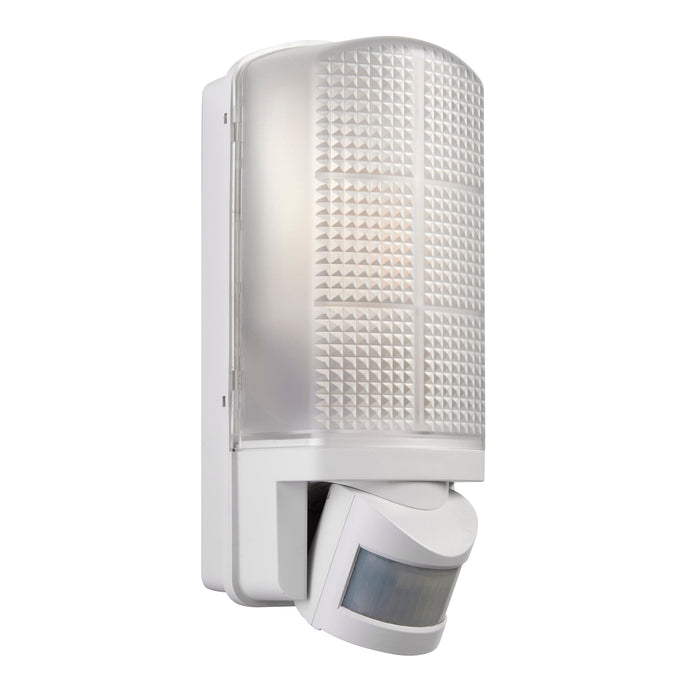 Saxby 48740 Motion PIR 1lt wall IP44 10W Frosted & gloss white pc 10W LED E27 (Required) - westbasedirect.com