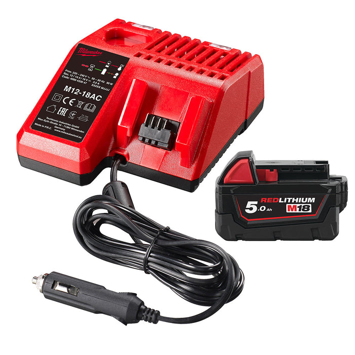 Milwaukee M12-18AC+M18B5 Kit - In Car Charger for 12V & 18V Batteries + M18B5 5.0Ah Li-ion Battery
