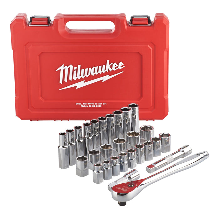 Milwaukee 4932471864 1/2" Metric Ratchet + Socket Set - 28 Piece - westbasedirect.com