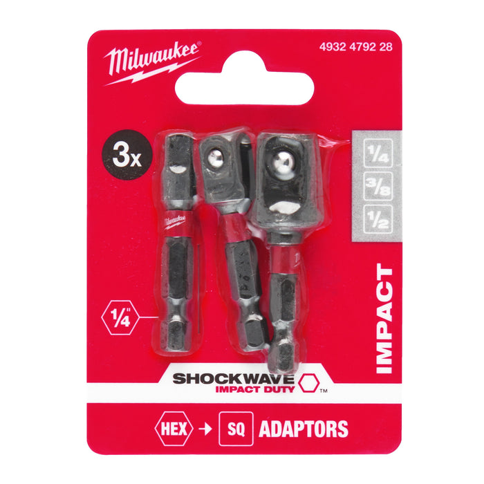 Milwaukee 4932479228 SHOCKWAVE 1/4" Hex Square Impact Duty Socket Adaptor Set - 3 Piece - westbasedirect.com