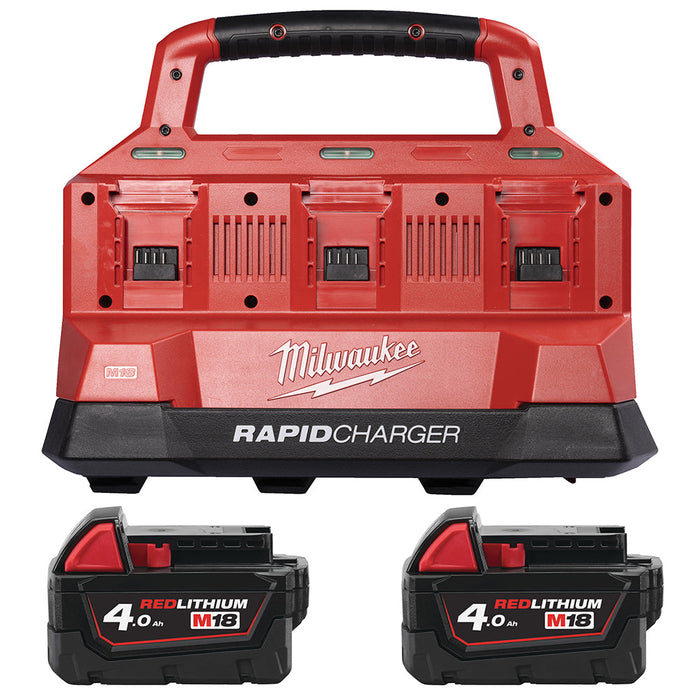 Milwaukee M18PC6 6-Bay+M18B4 Kit - 18V PACKOUT Compatible Charger 240V + 2x M18B4 4.0Ah Li-ion Batteries