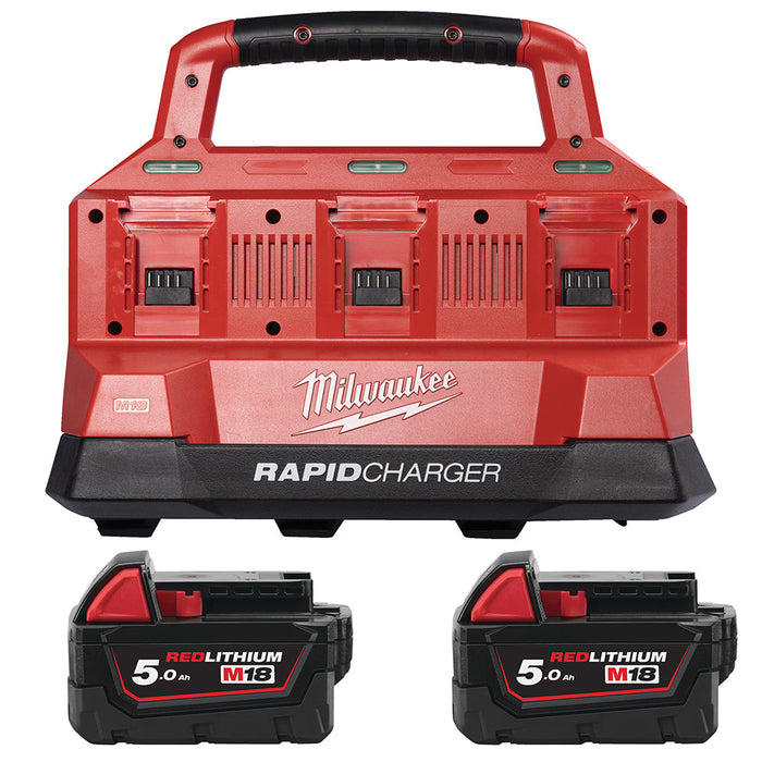 Milwaukee M18PC6 6-Bay+M18B5 Kit - 18V PACKOUT Compatible Charger 240V + 2x M18B5 5.0Ah Li-ion Batteries