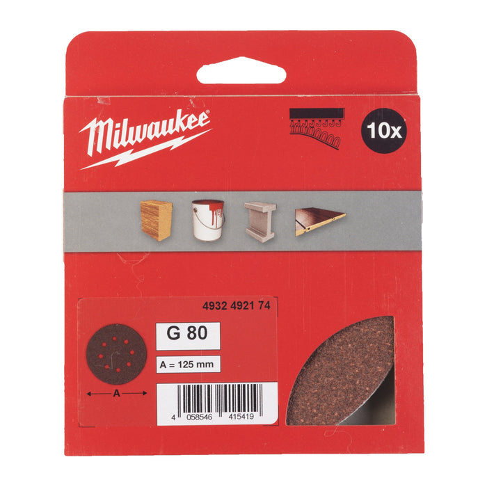 Milwaukee 4932492174 125mm Grit 80 Round Standard Sanding Discs - Pack of 10 - westbasedirect.com