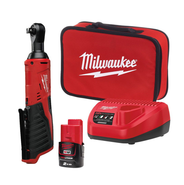 Milwaukee M12IR-201B(3/8") 12V Sub Compact 3/8" Impact Ratchet, 1x 2.0Ah Battery, Charger & Tool Bag