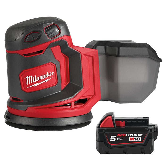 Milwaukee M18BOS125-0+M18B5 Kit - 18V Cordless 125mm Random Orbit Sander + M18B5 5.0Ah Li-ion Battery