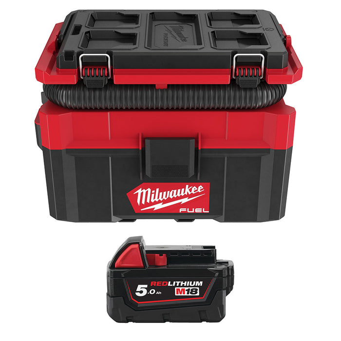 Milwaukee M18FPOVCL-0+M18B5 Kit - 18V FUEL PACKOUT Brushless Wet & Dry Vacuum + M18B5 5.0Ah Li-ion Battery