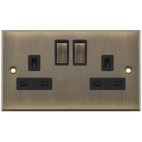 Selectric DSL622 5M 2 Gang 13A Switched DP Socket Outlet with 2 Earth Terminals - Antique Brass, Black Insert