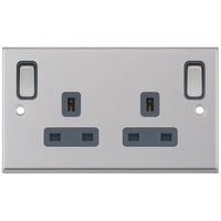 Selectric 7MPRO-785 7M-PRO 2 Gang 13A Switched DP Socket Outlet with Outboard Rockers & 2 Earth Terminals - Satin Chrome, Grey Insert