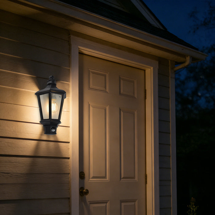 Lutec 5180602012 COTSWOLD IP44 E27 Outdoor Half Lantern Wall Light with PIR - Black (Lamp Not Included)