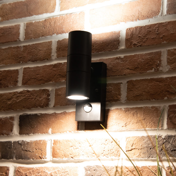 Lutec 5210702330 COASTAL IP44 GU10 Polycarbonate Outdoor Up/Down Wall Light with PIR - Black (Lamp Not Included)