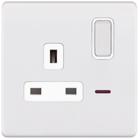 Selectric 5MPLUS-923 5M-PLUS Screwless 1 Gang 13A Switched DP Socket Outlet with Neon - Matt White, White Insert