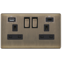 Selectric 5MPLUS-663 5M-PLUS Screwless 2 Gang 13A Switched Socket Outlet with 1x USB Type-A (2.4A) & 1x USB Type-C (3A) - Antique Brass, Black Insert