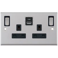 Selectric 7MPRO-286 7M-PRO 2 Gang 13A Switched SP Socket Outlet (Outboard Rockers) + 2 Earth Terminal with 1x USB Type-A (2.4A) & 1x USB Type-C (3A) - Satin Chrome, Black Insert